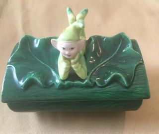 Vintage Treasure Craft Pixie Elf Ceramic Green Covered Dish