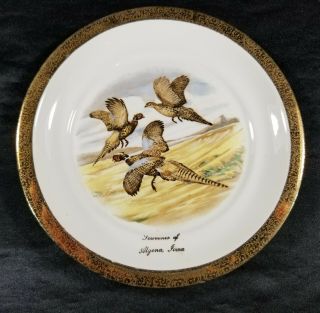 Vintage Algona Iowa Travel Souvenir Collectible Plate Pheasants 22k Gold Trim