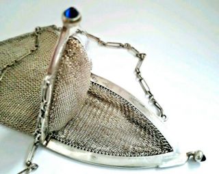 Antique Victorian Silver Soldered Mesh Purse Compact w/ Two SAFFIRES Clasp.  SEE 5