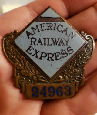 Antique Bastian Bros.  American Railway Express Badge 24963 Rare Blue Enamel