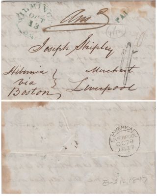 1847 Usa Delaware Transatlantic Ship Letter 1/ - America Liverpool Per Hibernia