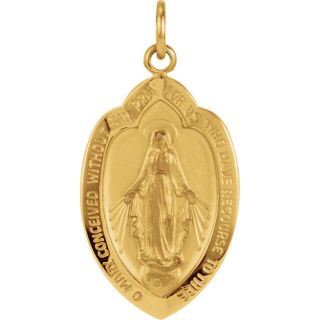 Miraculous Medal Pendant 14k Yellow Gold 13 X 8mm Badge Shaped 3 - D Virgin Mary