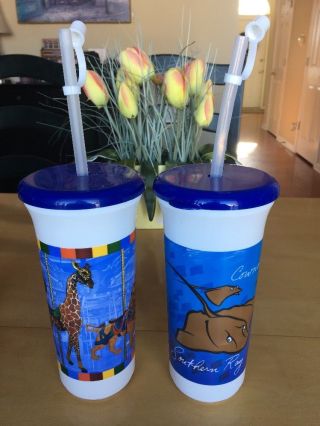 (2) Two Brookfield Zoo Refillable Plastic Drinking Bottle Cup Straw