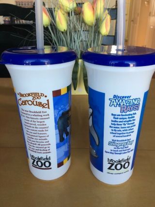 (2) Two Brookfield Zoo Refillable Plastic Drinking Bottle Cup Straw 2