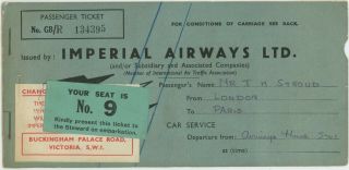 Imperial Airways,  London - Paris 1939 Ticket,  Bz564