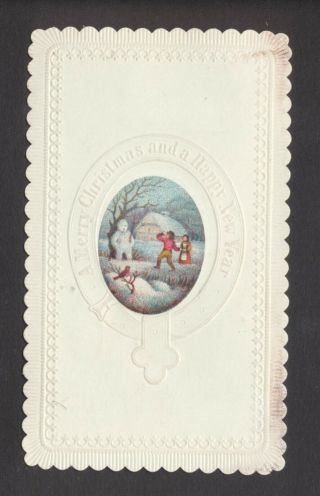 C5605 Victorian Goodall Xmas Card: Children & Snowman Scene 1870s