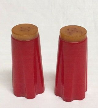 Vintage Set Of Red & Butterscotch Bakelite Salt & Pepper Shakers