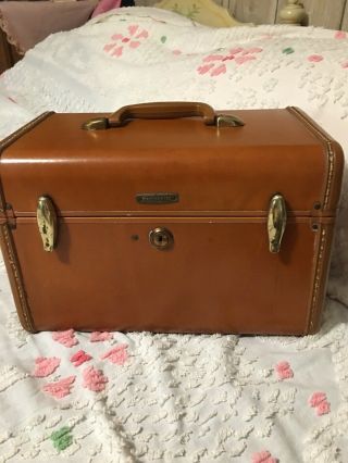 Samsonite Train Case Vintage Camel Brown Leather With Key