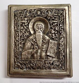 Antique 19th Century Russian Orthodox St Nicholas Christian Silvered Metal Icon