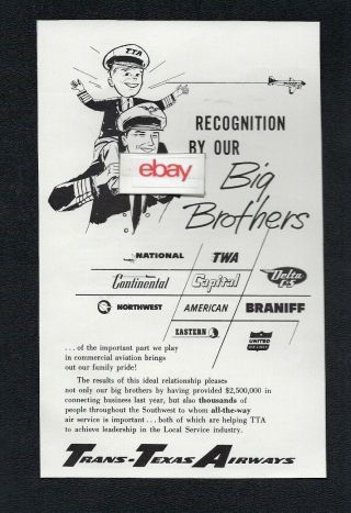 Tta Trans Texas Airways 1955 Recognition By Our Big Brothers Braniff - American Ad