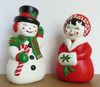 Vintage Snowman Figures Hand Painted Ceramic Christmas Holiday Decor