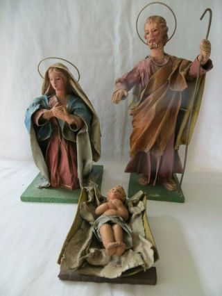 Vintage Italian Cartapesta Nativity Joseph 9 1/2 " Mary 7 " Baby Jesus Paper Mache