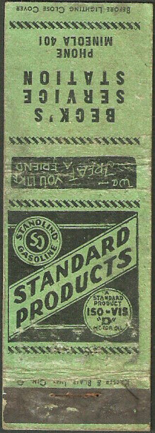 Standard Gas Oil Very Old Beck’s Service Station Matchcover Mineola,  Ia Iowa
