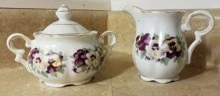 Vintage Collectable Pansie Design Sugar Bowl With Cover & Creamer Dish Japanese