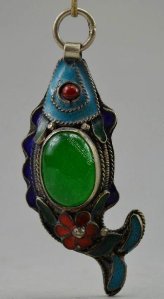 Collectible Old Decorate Tibet Silver & Jade Cloisonne Carve Fish Flower Pendant