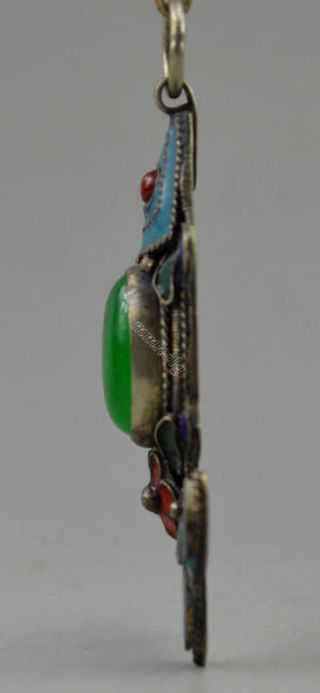 Collectible Old Decorate Tibet Silver & Jade Cloisonne Carve Fish Flower Pendant 2