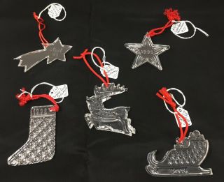 Waterford Crystal Christmas Ornaments Lof Of 5 Vtg Stars Stocking Reindeer Sled