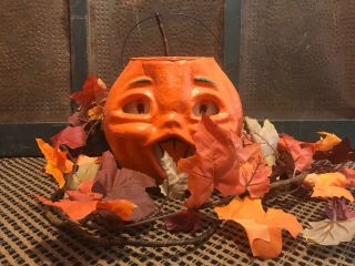 Paper Mache’ Jack O Lantern Pumpkin And Fall Leaf Garland