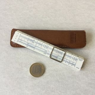 Vintage Sun Hemmi Japan Pocket Mini Bamboo Slide Rule In Brown Leather Case