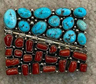 Native American Sterling Turquoise Coral Belt Buckle.
