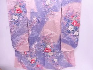 84422 Japanese Kimono / Vintage Furisode / Embroidery / Peacock Feather With Fl