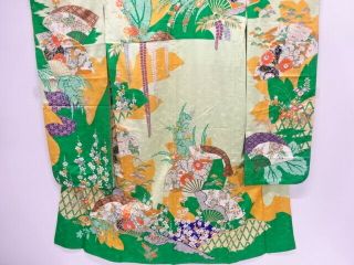 84414 Japanese Kimono / Vintage Furisode / Embroidery / Folding Fan With Flower