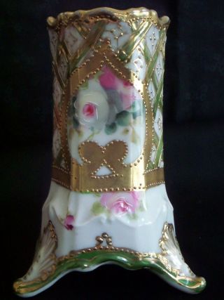 Nippon Hat Pin Holder Moriage,  Gold Beading And Roses