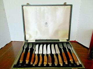 Mappin & Webb Stag Horn Set Six 10 " Steak Knives Six 7 1/4 " Forks Box