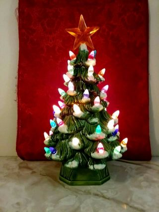 Vintage 12 " Ceramic Christmas Tree Flocked With Lights And Base