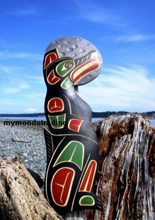 Northwest Coast First Nation Native Cedar Art Carved Wolf Howling To Moon Signed