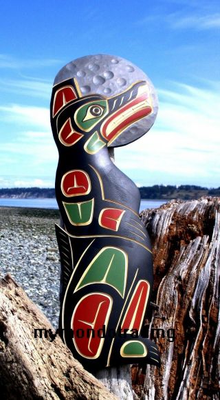 Northwest Coast First Nation native cedar Art carved Wolf howling to Moon signed 3