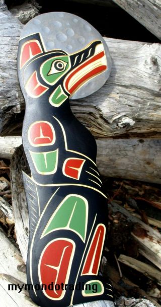 Northwest Coast First Nation native cedar Art carved Wolf howling to Moon signed 5