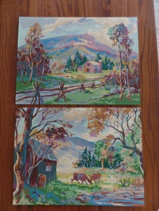 2 Vintage Paint By Number Mountains Farm Cows Barn 16 " Wide X 12 " Tall Pbn