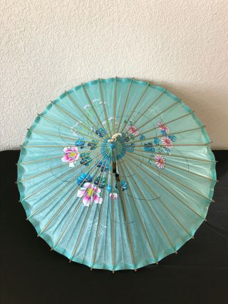 Vintage Asian Hand Painted Turquoise Blue Silk Parasol Umbrella W Bamboo Frame