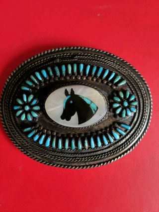 Rare W.  Begay Inlaid Horse Head.  Turquoise,  Sterling Silver,  Navajo Belt Buckle