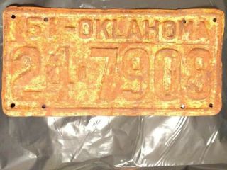 Vintage 1951 Oklahoma License Plate Okla Ok Rusty Patina Hot Rat Rod