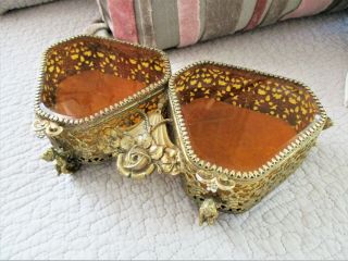 Vintage Brass Metal Cherub Jewelry Casket Trinket Box Beveled Glass Large