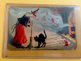 Vintage Halloween Postcard 1909 Witch Black Cat Devil Tuck 