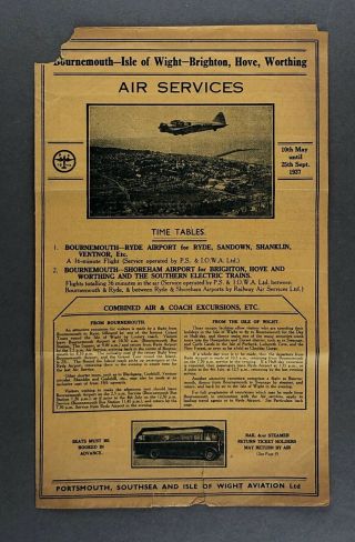 Portsmouth Southsea & Isle Of Wight Aviation Timetable May - September 1937 Psio