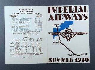 Imperial Airways Summer 1930 London Paris & Basle Zurich Airline Timetable