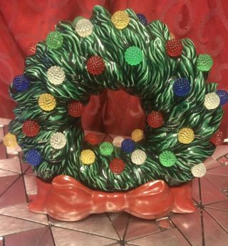 Vintage 8”green Ceramic Light Up Christmas Wreath Tv Lamp Red Bow Base Lighted
