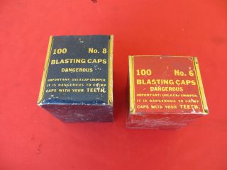 2 Vintage BLASTING CAP Boxes No Lid No.  6 8 Mining Red Black Tins 1473 2