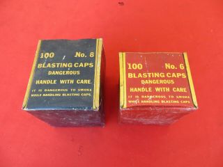 2 Vintage BLASTING CAP Boxes No Lid No.  6 8 Mining Red Black Tins 1473 4