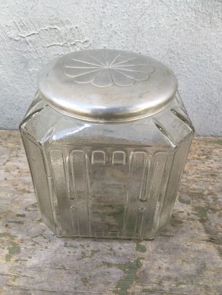 Art Deco Hoosier One Gallon Flour Jar Square Embossed Glass Canister Metal Lid
