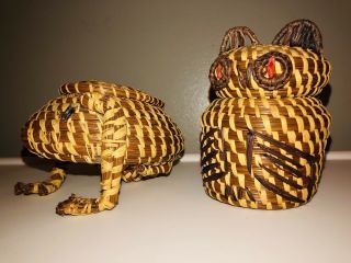 Koasati Coushatta Elton,  La Native American Pine Needle Basket Weaved Owl & Frog