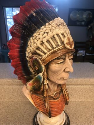 Life - Size Native American Indian Chief Head Statue 28”x16” Stone Casting Details