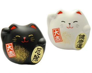 Set Of 2 Japanese Black White Maneki Neko Cat No Evil Good Health Made In Japan