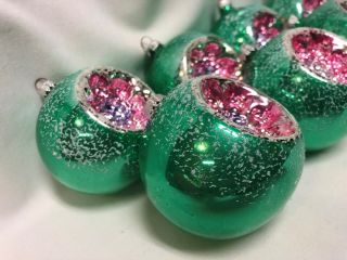 Vintage West Germany Mercury Glass Christmas Ornaments Green Pink Indent LARGE 5