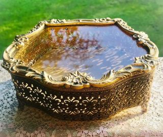 Antique Filigree Glass Ormolu Gilt Jewelry Casket Trinket Box Ornate Lid 6.  5 X 4