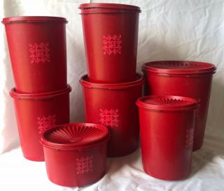 Tupperware Quilt Tulip Red Retro Servalier Canister Stacking 7 Piece Set Vintage